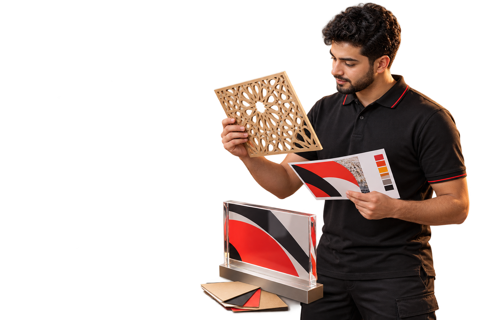 Alankara production specialist inspecting a precision-cut panel