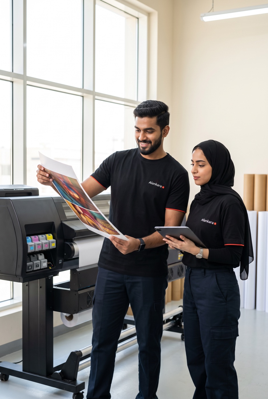 Young Alankara printing team reviewing a large-format colour print